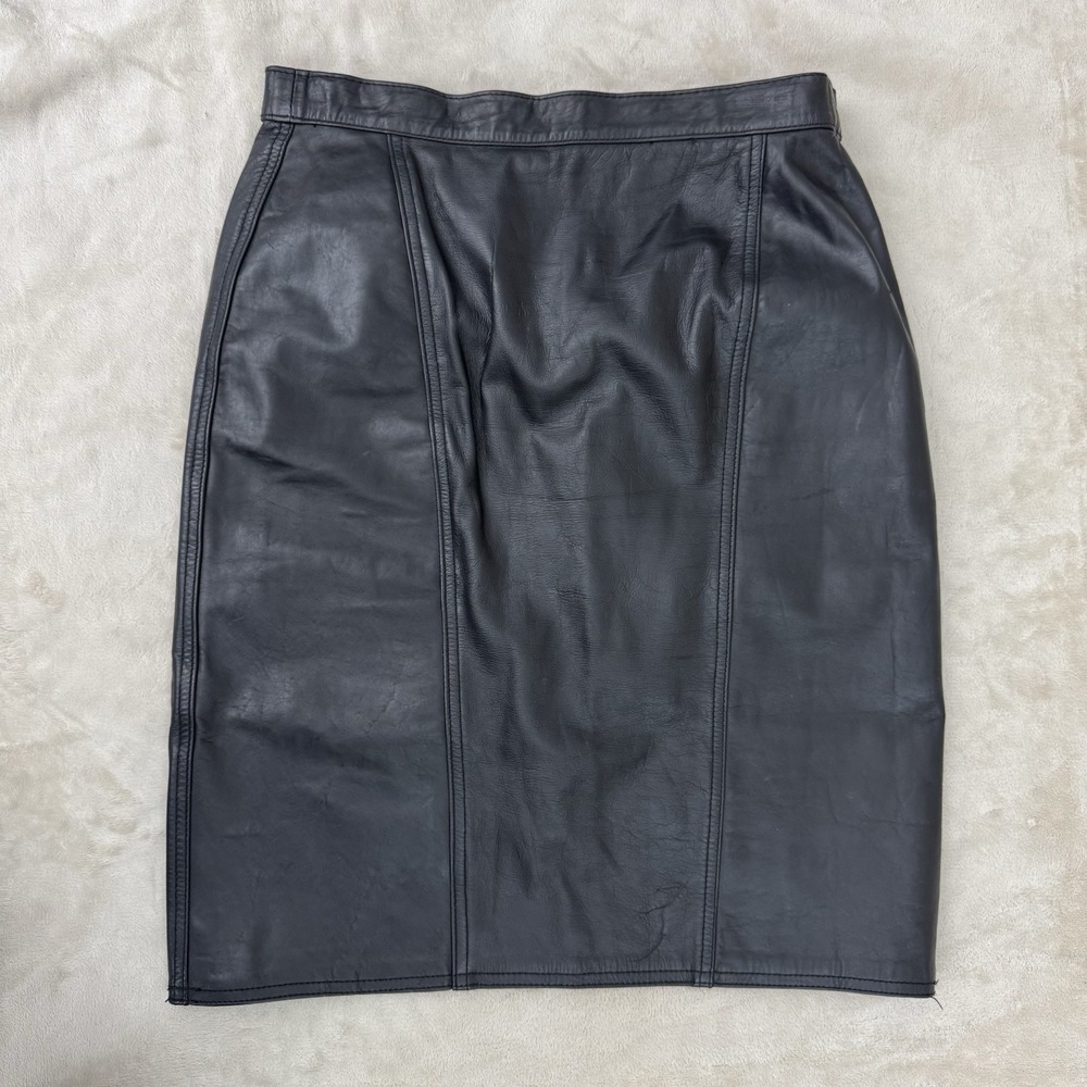 Vintage Winlet Womens 9/10 Black Genuine Leather Pencil Skirt Knee Length Line